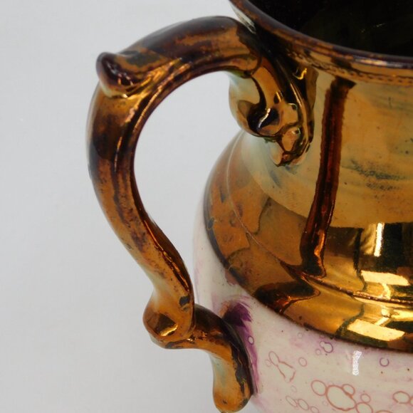 Copper Lusterware Pitcher Antique Staffordshire 5 1/4" Single Pink Band FLAW - Picture 8 of 9